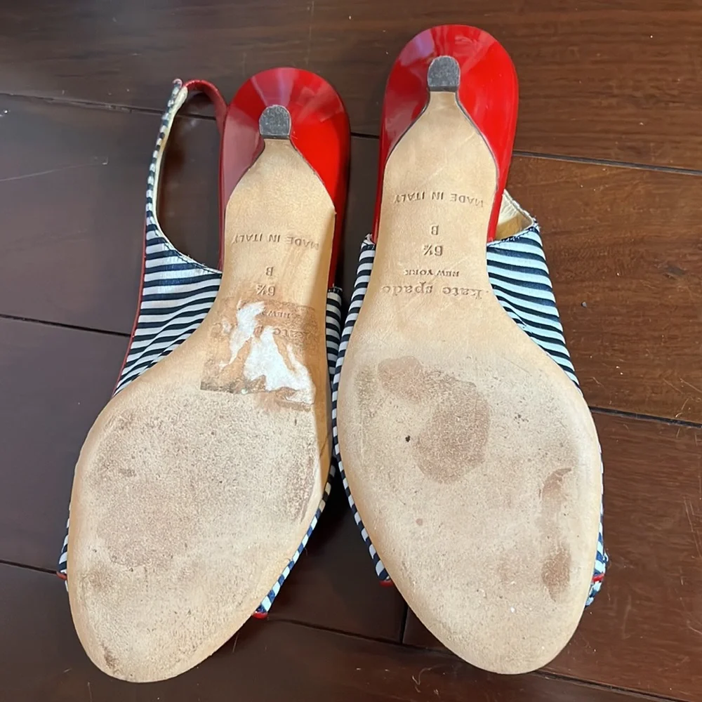 Striped (black/white with red accents) Kate Spade slingback kitten heels